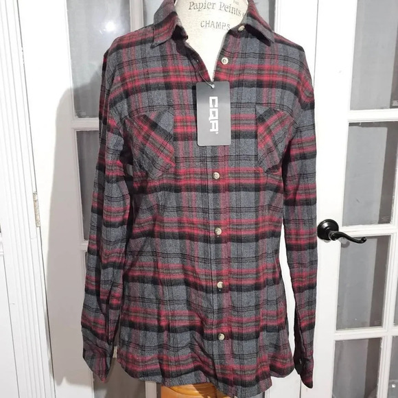 NWT CQR Gears Tactical Series Womens Red Gray Plaid Flannel Button Down Shirt M - Picture 1 of 5